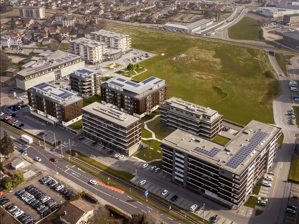 Vue aérienne du quartier Le Verger, Collombey